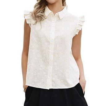 Ruffle Cap Sleeve Tops for Women's Summer Button Down Shirts Floral Printed Casual Blouses