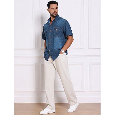 Men's Denim Shirt Chest Pockets Western Retro Short Sleeve Shirts