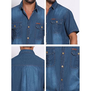 Men's Denim Shirt Chest Pockets Western Retro Short Sleeve Shirts