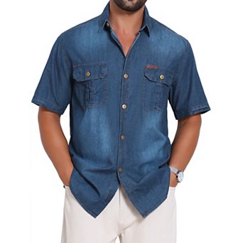 Men's Denim Shirt Chest Pockets Western Retro Short Sleeve Shirts