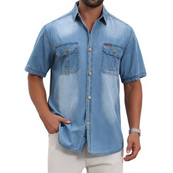 Men's Denim Shirt Chest Pockets Western Retro Short Sleeve Shirts