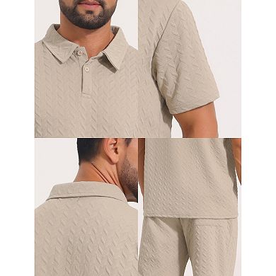 Men's Jacquard 2 Pieces Sets Polo Shirt & Drawstring Shorts Textured Outfits