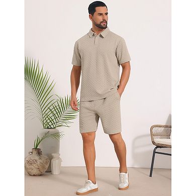 Men's Jacquard 2 Pieces Sets Polo Shirt & Drawstring Shorts Textured Outfits