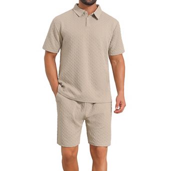 Men's Jacquard 2 pc Sets Polo Shirt & Drawstring Shorts Textured Outfits