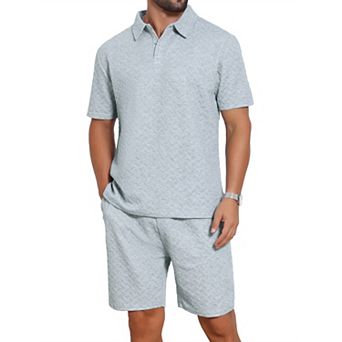 Men's Jacquard 2 pc Sets Polo Shirt & Drawstring Shorts Textured Outfits