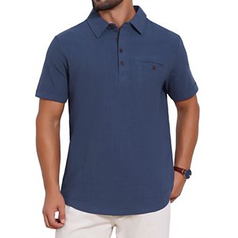 Men's Linen Polo Shirts Chest Pocket Short Sleeve Casual Hawaiian Beach Shirt