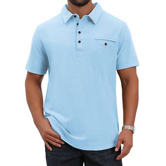 Men's Linen Polo Shirts Chest Pocket Short Sleeve Casual Hawaiian Beach Shirt