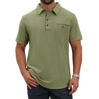 Men's Linen Polo Shirts Chest Pocket Short Sleeve Casual Hawaiian Beach Shirt