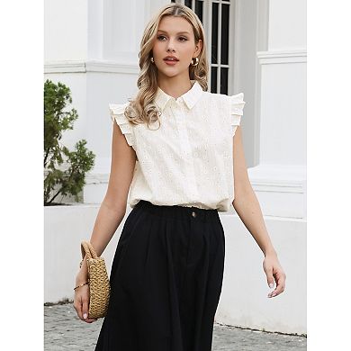 Ruffle Cap Sleeve Tops for Women's Summer Button Down Shirts Floral Printed Casual Blouses