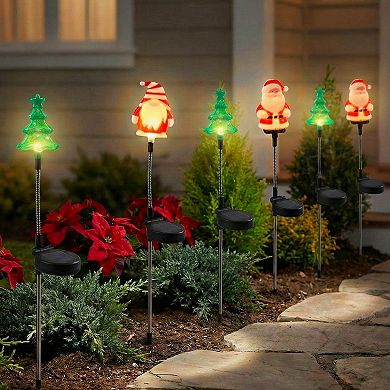 Solar Swinging Christmas Lights 3pc Tree Elf Santa with Flexible Garden Stakes