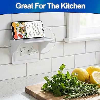 Wall Outlet Shelf Hides Cords with Horizontal Cable Channel