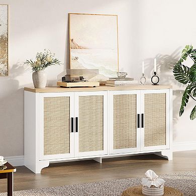 4-Door Sideboard Buffet Cabinet, Natural Rattan Storage Cabinet, Entryway Console Table, Coffee Bar