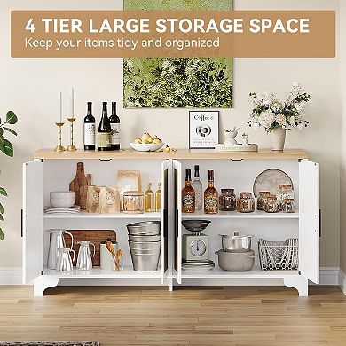 4-Door Sideboard Buffet Cabinet, Natural Rattan Storage Cabinet, Entryway Console Table, Coffee Bar