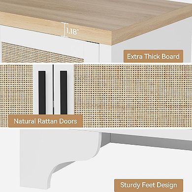 4-Door Sideboard Buffet Cabinet, Natural Rattan Storage Cabinet, Entryway Console Table, Coffee Bar