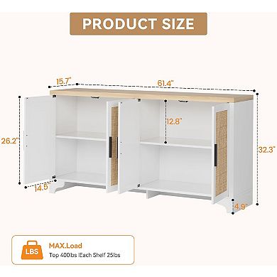 4-Door Sideboard Buffet Cabinet, Natural Rattan Storage Cabinet, Entryway Console Table, Coffee Bar