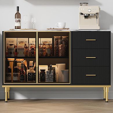 Fluted Sideboards Buffets Cabinet with Glass Doors, 3 Drawers, Marble Top Kitchen Sideboard Cabinet