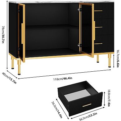 Fluted Sideboards Buffets Cabinet with Glass Doors, 3 Drawers, Marble Top Kitchen Sideboard Cabinet