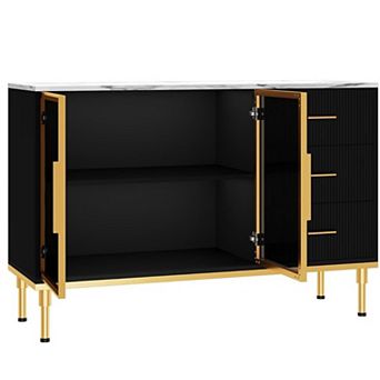 Fluted Sideboards Buffets Cabinet with Glass Doors, 3 Drawers, Marble Top Kitchen Sideboard Cabinet