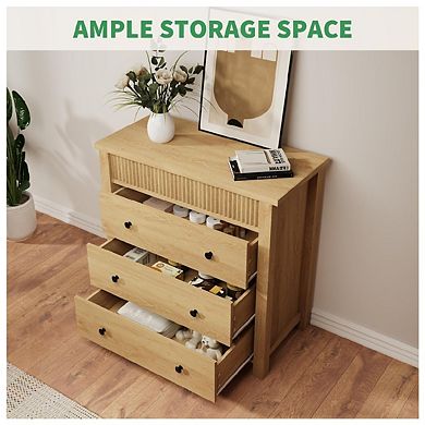 3 Drawer Dresser for Bedroom Nightstand, Wooden Chest of Drawers, Fluted End Table