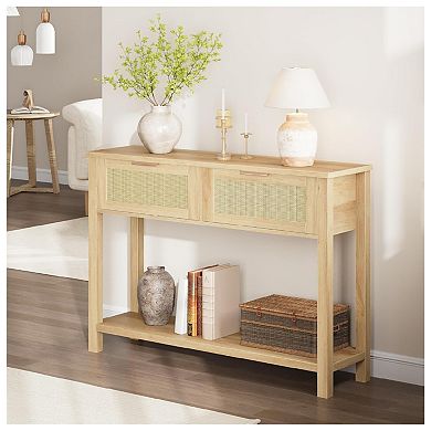 Console Table for Entryway, Rattan Entryway Table with 2 Drawers