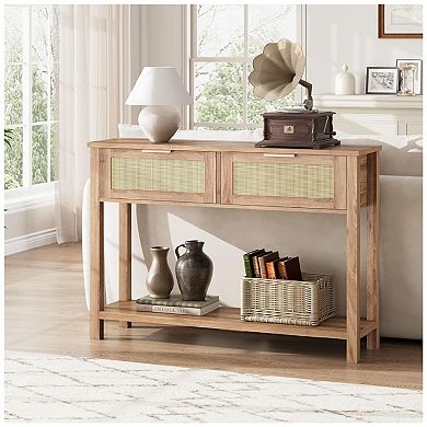 Console Table for Entryway, Rattan Entryway Table with 2 Drawers