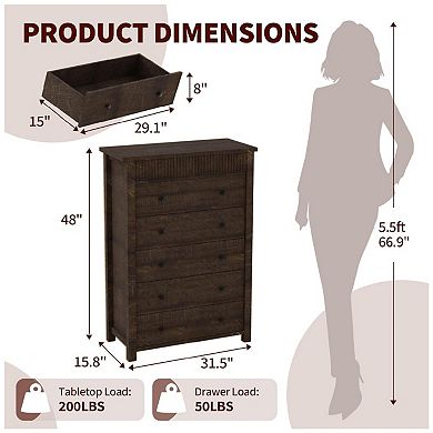 5 Drawer Dresser for Bedroom, Wooden Chest of Drawers, Fluted Storage Organizer for Living Room
