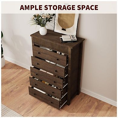 5 Drawer Dresser for Bedroom, Wooden Chest of Drawers, Fluted Storage Organizer for Living Room