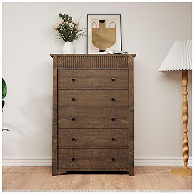 5 Drawer Dresser for Bedroom, Wooden Chest of Drawers, Fluted Storage Organizer for Living Room