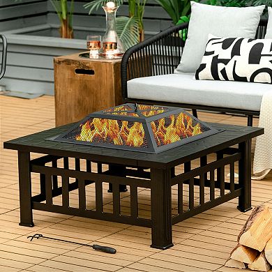 32 Inch 3 In 1 Outdoor Fire Pit Table With BBQ Grill And Rain Cover