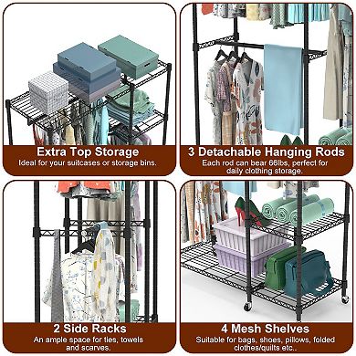 4-Tier Heavy Duty Garment Rack with Wheels 3 Rods & 6 Footrests