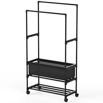Double Rod Garment Rack with Shelves, Lockable Wheels & Storage Bag