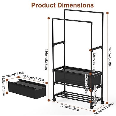 Double Rod Garment Rack with Shelves, Lockable Wheels & Storage Bag