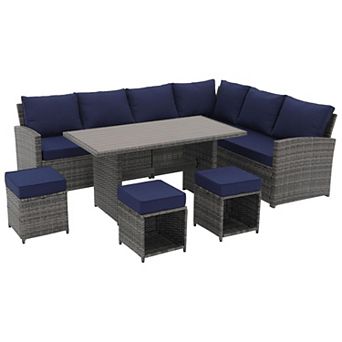 SUNSITT 7 pc Outdoor Patio Furniture Set with Aluminum Top Dining Table and Ottomans for Deck