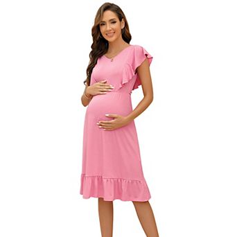 Women's Maternity Midi Dress Summer Ruffle Sleeve Soft Stretch Casual Pregnancy Dress