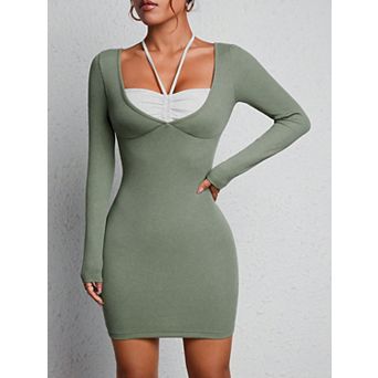 Women's Ribbed Bodycon Mini Dress Long Sleeve Halter Neck Two-Tone Ruched Party Dress