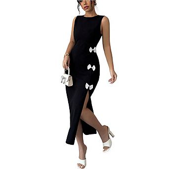 Women's Sleeveless Midi Dress Bow Accents Side Slit Bodycon Party Dress