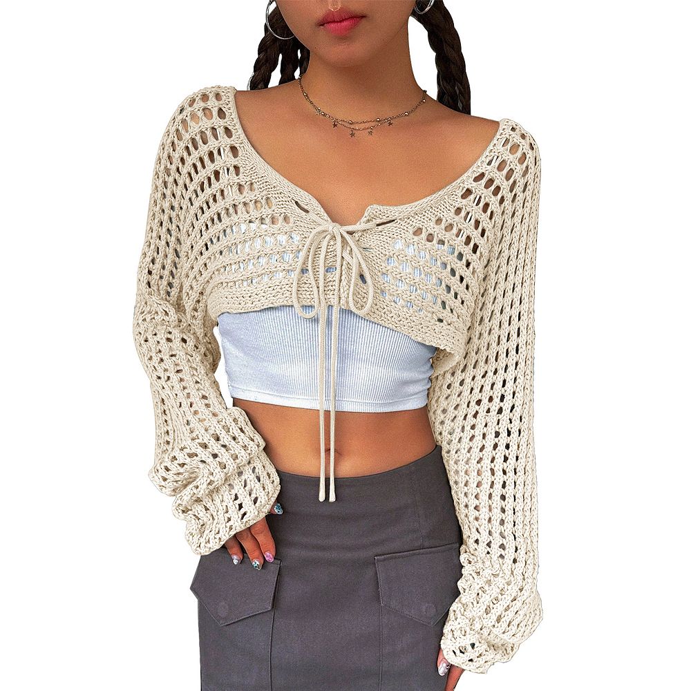 Womens Long Sleeve Crochet Shrug Tie Front Cropped Cardigan