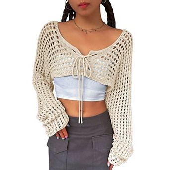 Womens Long Sleeve Crochet Shrug Tie Front Cropped Cardigan Sweaters Knit Bolero Outwear Tops