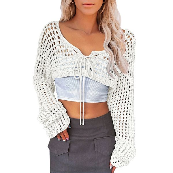 Womens Long Sleeve Crochet Shrug Tie Front Cropped Cardigan