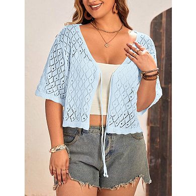 Women's Plus Size Open Front Cardigan Lightweight Solid Causl Half Sleeve Crop Knit Sweater