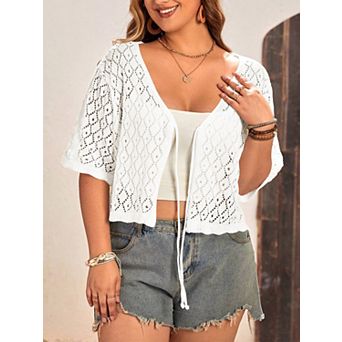 Women's Plus Size Open Front Cardigan Lightweight Solid Causl Half Sleeve Crop Knit Sweater