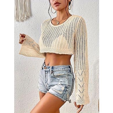 Women's Crochet Sweater Lightweight Cropped Long Sleeve Hollow Out Tops