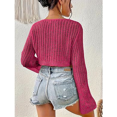 Women's Crochet Sweater Lightweight Cropped Long Sleeve Hollow Out Tops