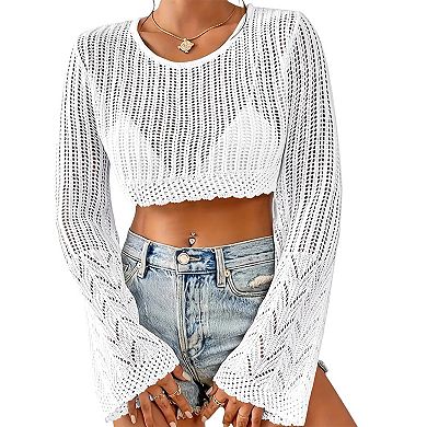 Women's Crochet Sweater Lightweight Cropped Long Sleeve Hollow Out Tops