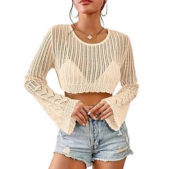 Women's Crochet Sweater Lightweight Cropped Long Sleeve Hollow Out Tops