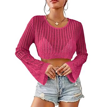 Women's Crochet Sweater Lightweight Cropped Long Sleeve Hollow Out Tops