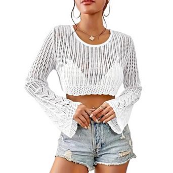 Women's Crochet Sweater Lightweight Cropped Long Sleeve Hollow Out Tops