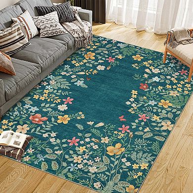 Washable Botanical Area Rugs,Soft Non-Slip Vintage Boho Floral Runners Carpet for Living Room