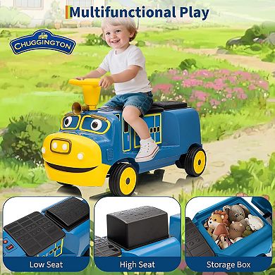 12V 2-Seater Kids Ride On Trackless Train w/Carriage, Adjustable Seat, Music, LED Lights & Storage