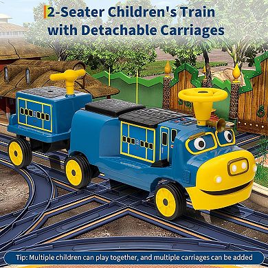 12V 2-Seater Kids Ride On Trackless Train w/Carriage, Adjustable Seat, Music, LED Lights & Storage